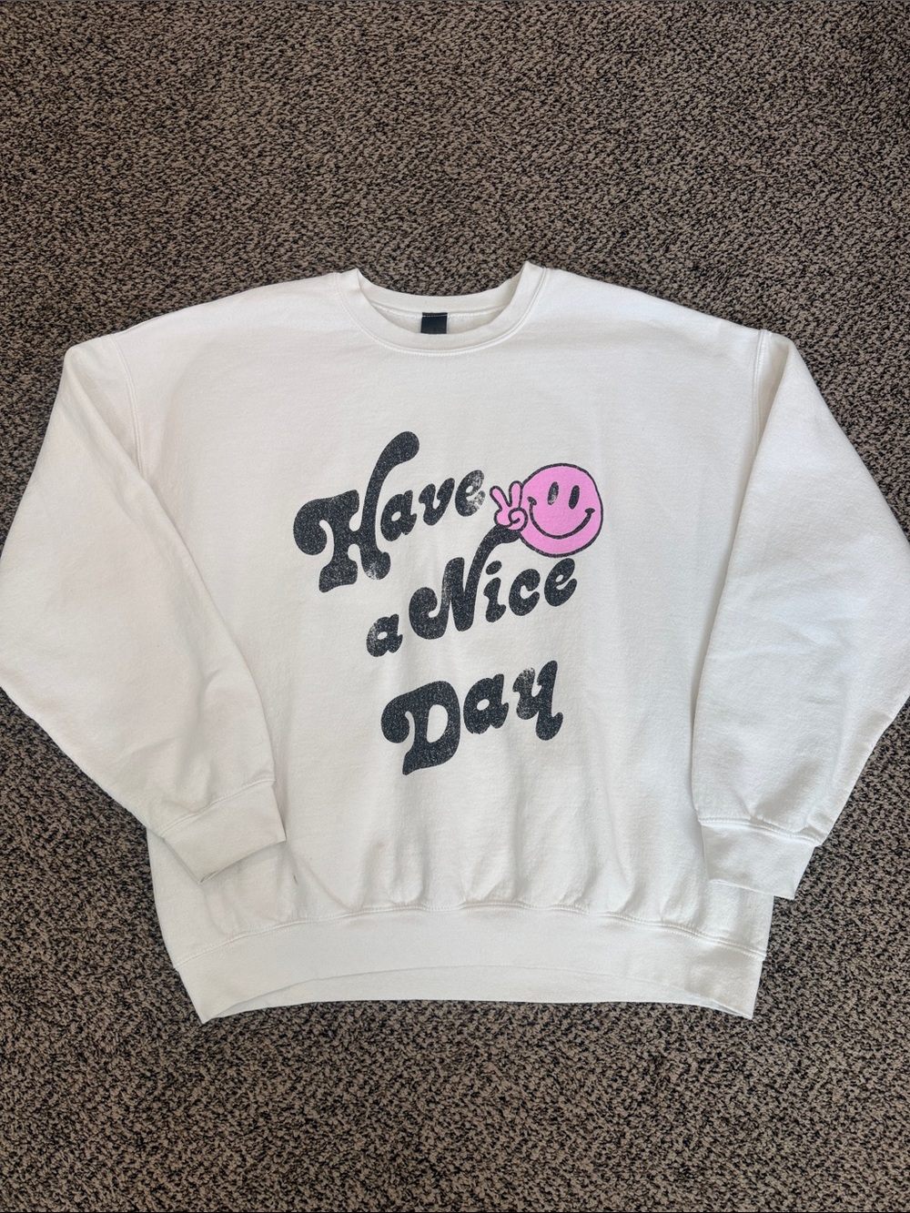 Sweet Claire White Crewneck Sweatshirt with Black Text and Pink Smiley